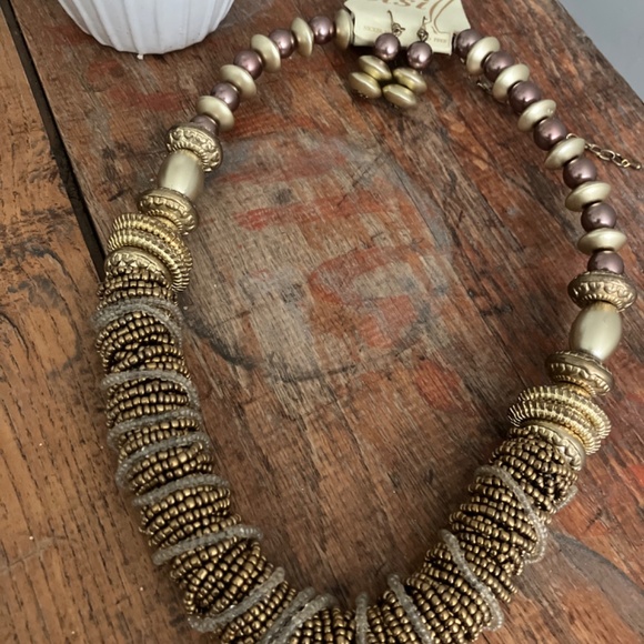 Beaded Necklace & Earrings Matching Set Brass, Golden, Metallic, Bronze colors - Picture 3 of 6